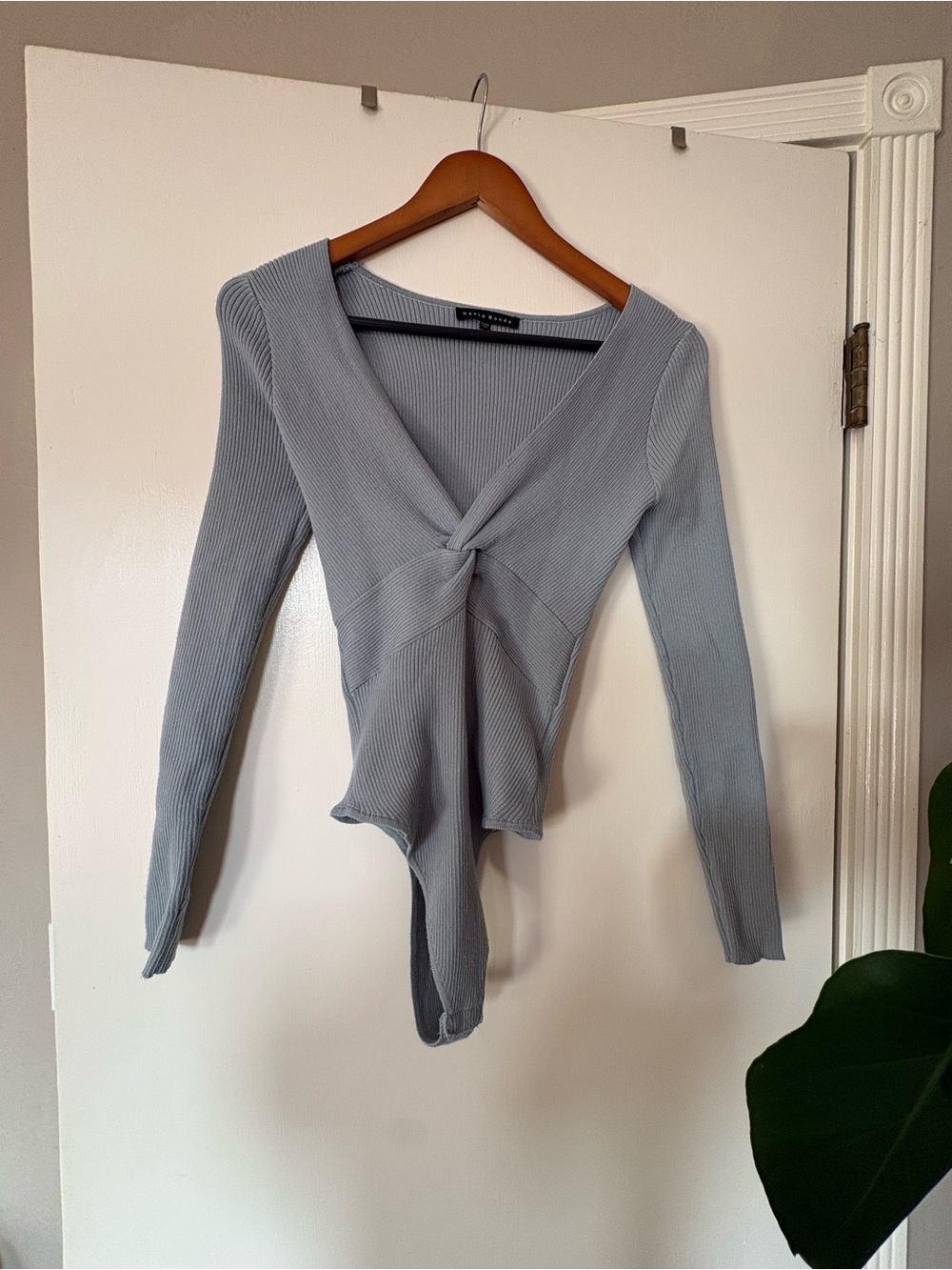 Haute Monde Light Gray Ribbed Twist-Front Long Sleeve Bodysuit